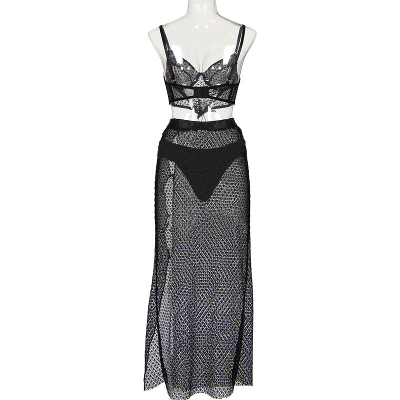 Trendy Side-Slit Maxi Skirt and Lace-Up Bra Set