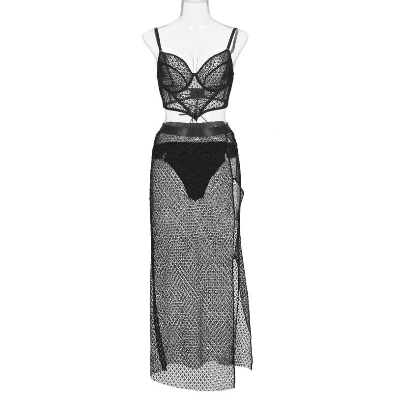 Trendy Side-Slit Maxi Skirt and Lace-Up Bra Set