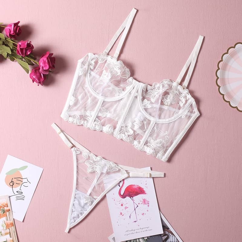 Embroidered Thong Sexy Bustier Bra Set