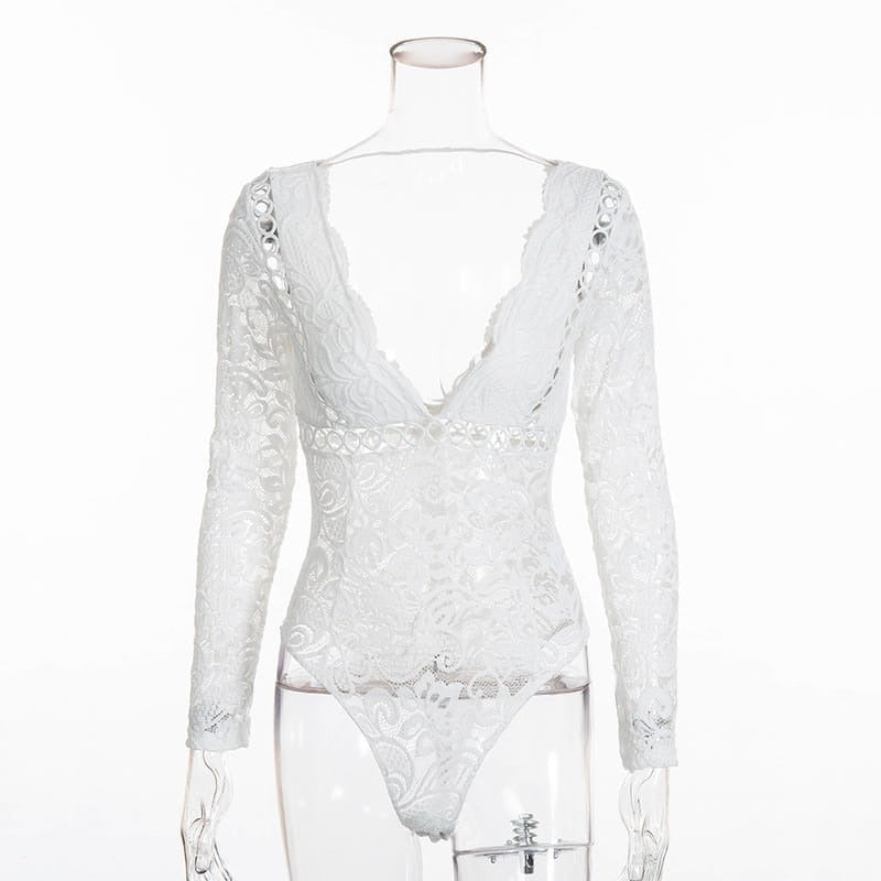 Lace Cutout Deep V Long Sleeve Bodysuit