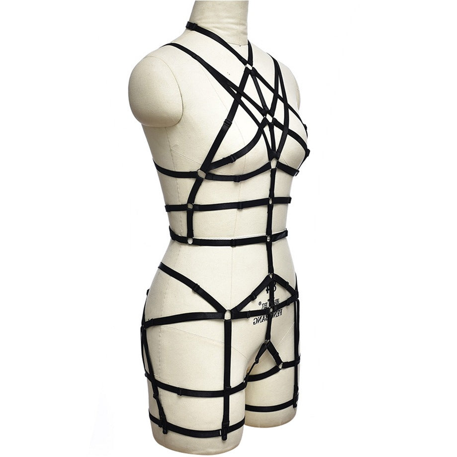 Black Harness Teddy Bodysuit with Adjustable Size