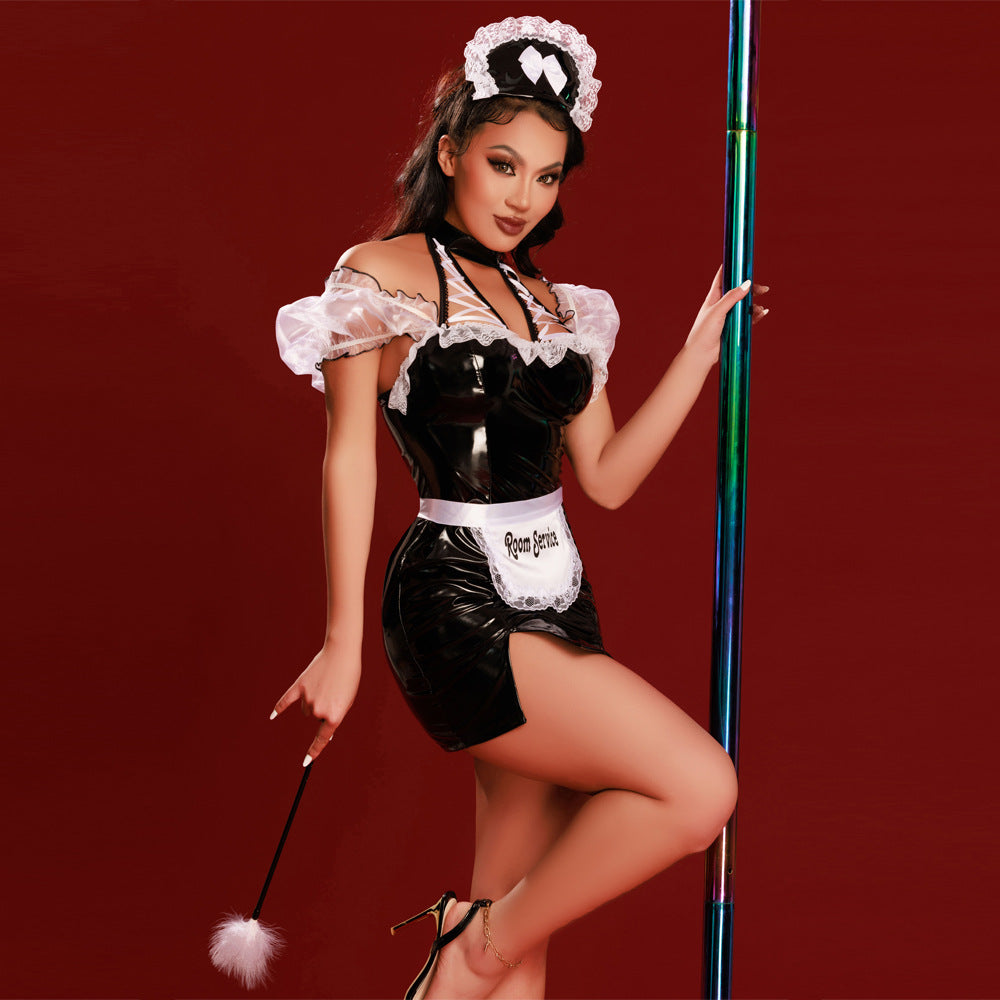 Black PU Naughty French Maid Uniform Set