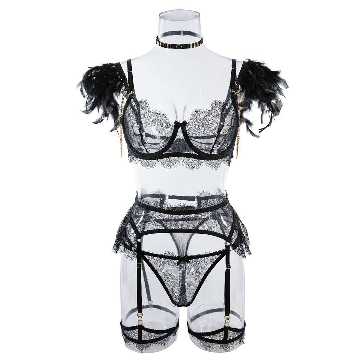 Sexy Lace Bra and Panties Set with Feather Details
