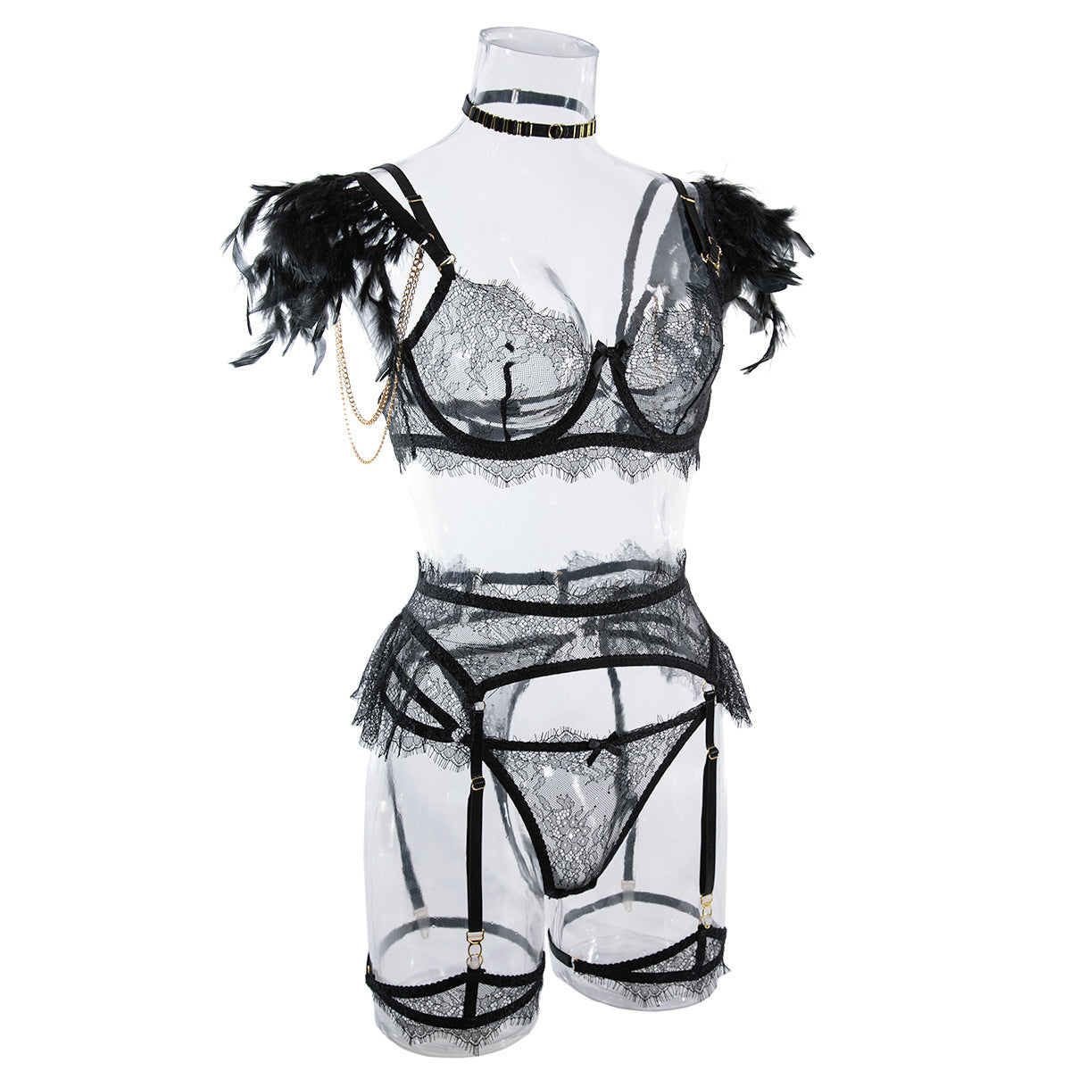 Sexy Lace Bra and Panties Set with Feather Details