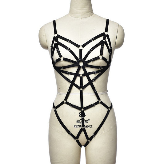 Cage Harness Bodysuit with Integrated Suspenders - Black / Free