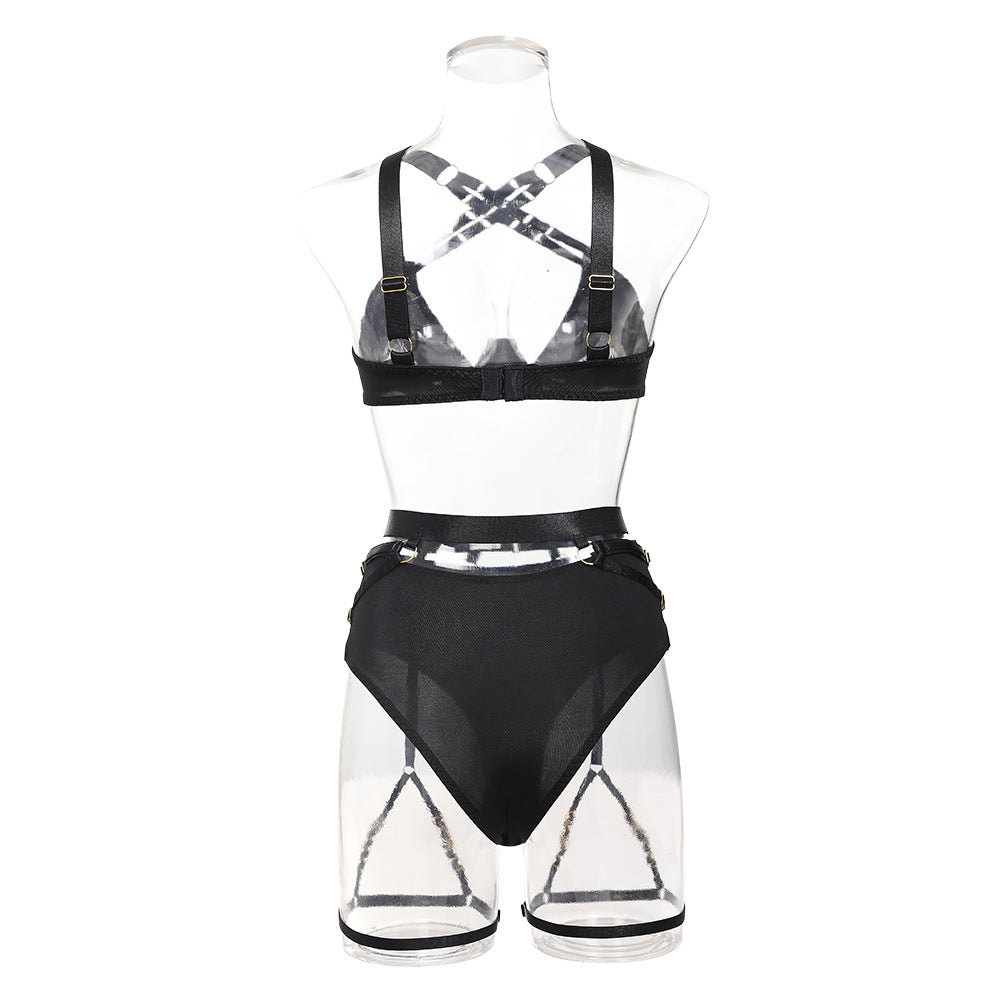 Cross Straps Push-Up Bra Lingerie Set with Metal Rings