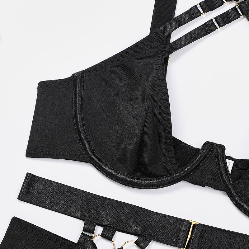 Cross Straps Push-Up Bra Lingerie Set with Metal Rings