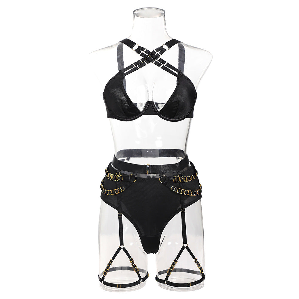 Cross Straps Push-Up Bra Lingerie Set with Metal Rings