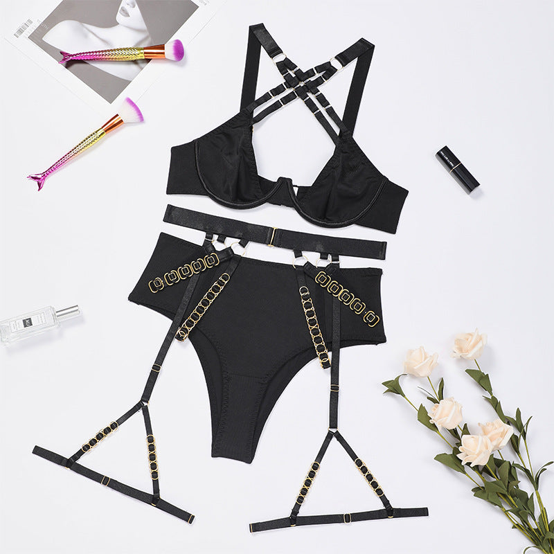 Cross Straps Push-Up Bra Lingerie Set with Metal Rings