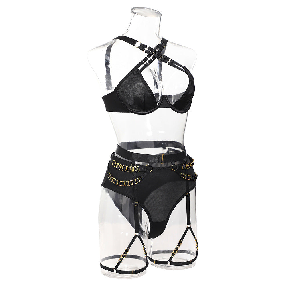 Cross Straps Push-Up Bra Lingerie Set with Metal Rings