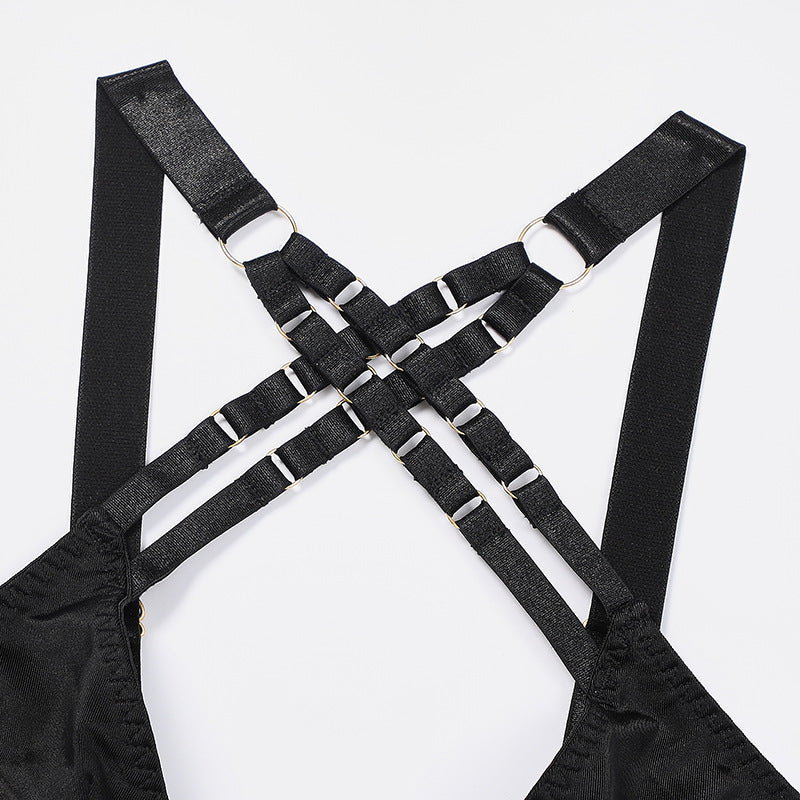 Cross Straps Push-Up Bra Lingerie Set with Metal Rings