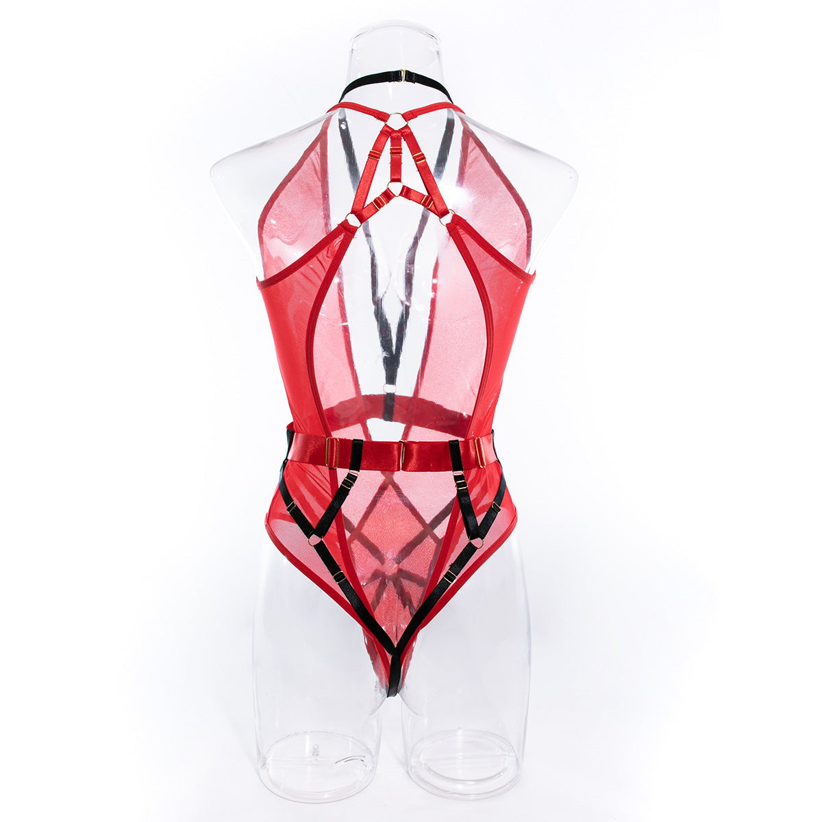 Deep V Neck Bodysuit with Scoop Back in Red Mesh