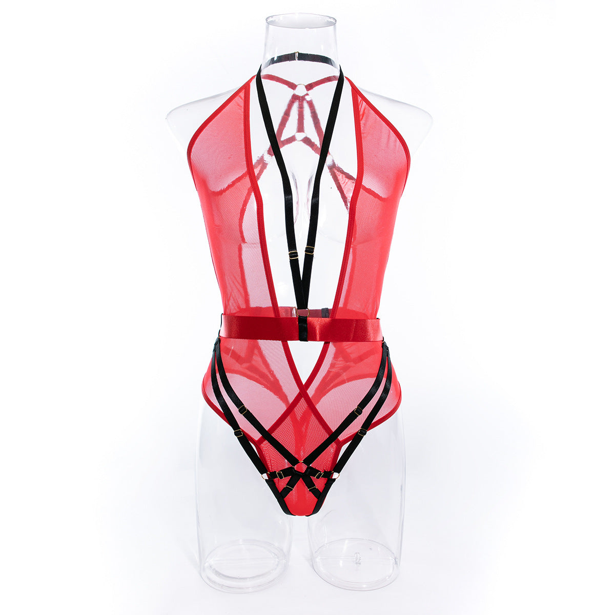 Deep V Neck Bodysuit with Scoop Back in Red Mesh