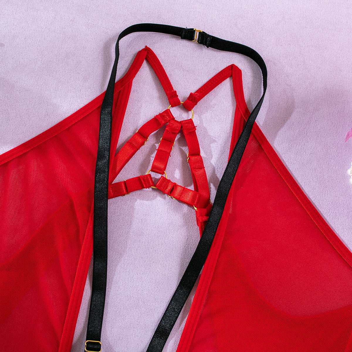 Deep V Neck Bodysuit with Scoop Back in Red Mesh