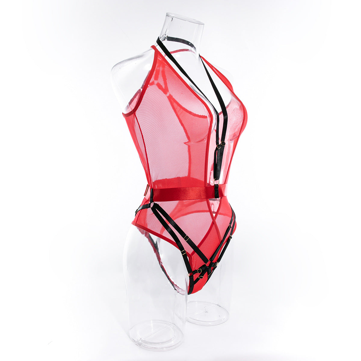 Deep V Neck Bodysuit with Scoop Back in Red Mesh