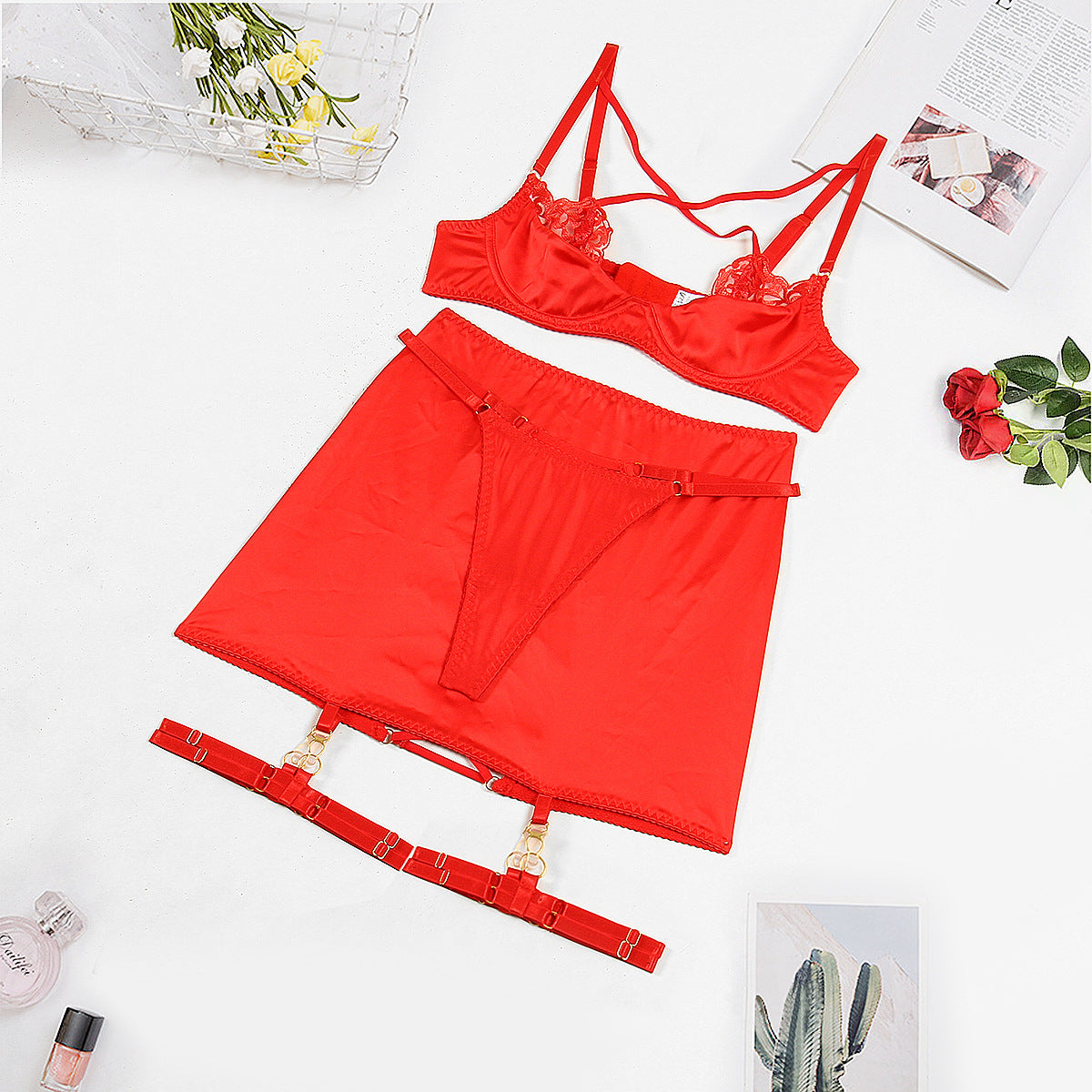 Elegant Four-Piece Lingerie Set with Hip-Covering Skirt