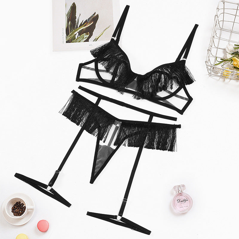 Elegant See-Through Mesh Garter Bra Set with Sexy Tasse