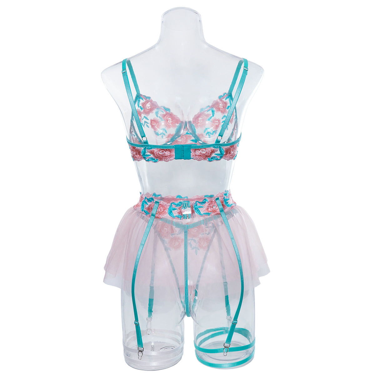 Embroidered Bra and Panty Set with Pink Mesh Skirt