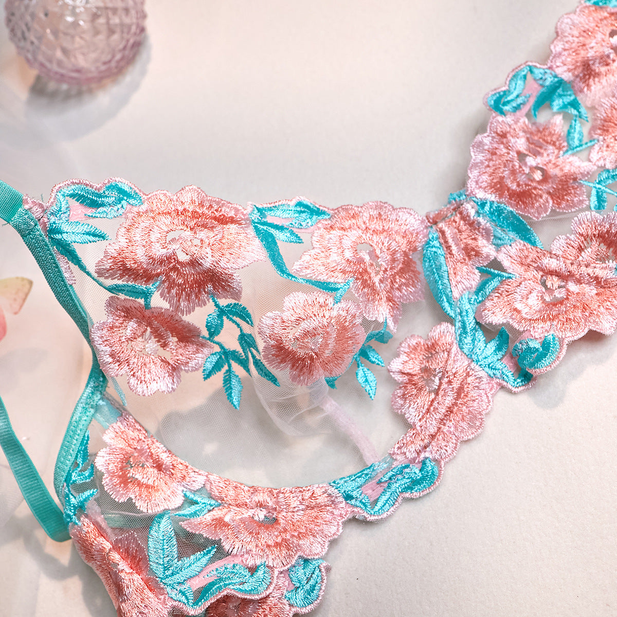 Embroidered Bra and Panty Set with Pink Mesh Skirt