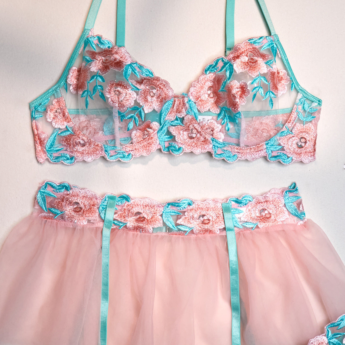 Embroidered Bra and Panty Set with Pink Mesh Skirt