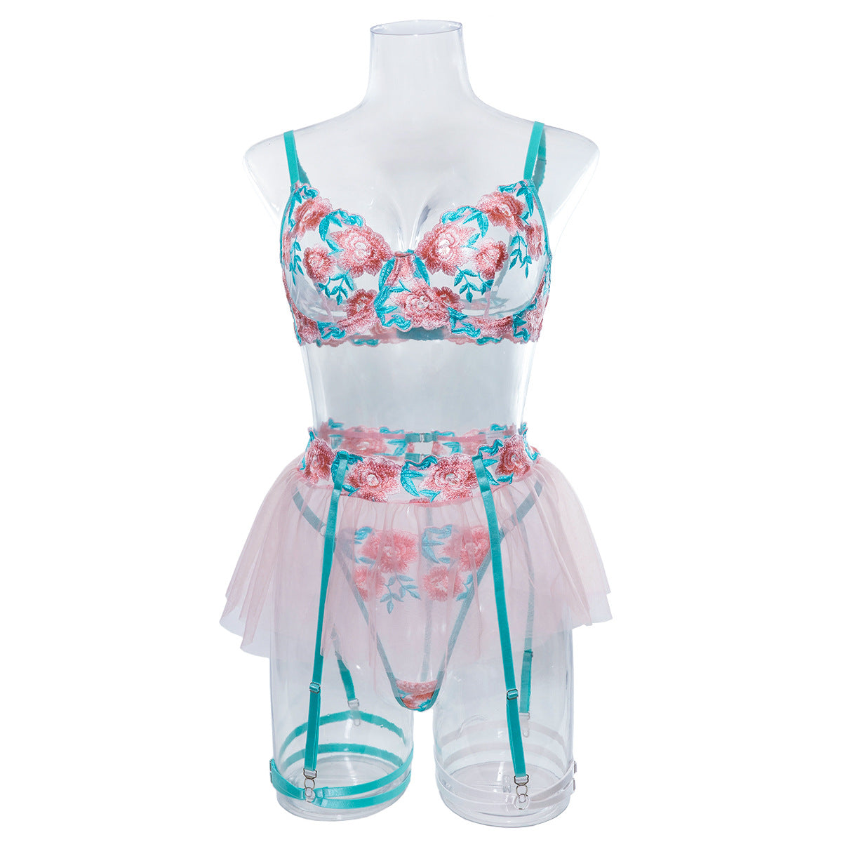 Embroidered Bra and Panty Set with Pink Mesh Skirt