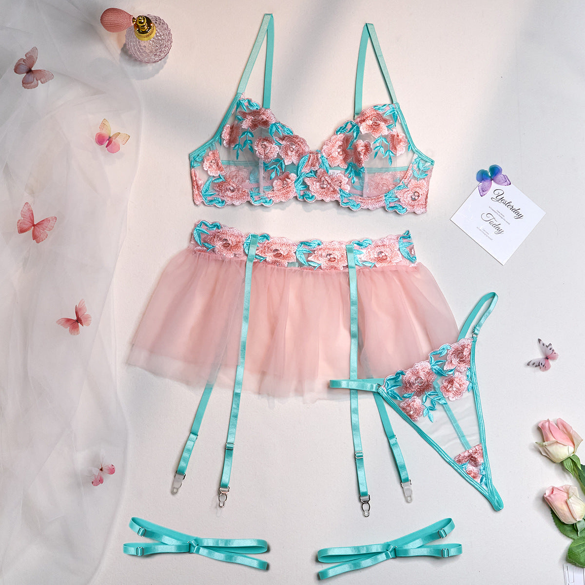 Embroidered Bra and Panty Set with Pink Mesh Skirt