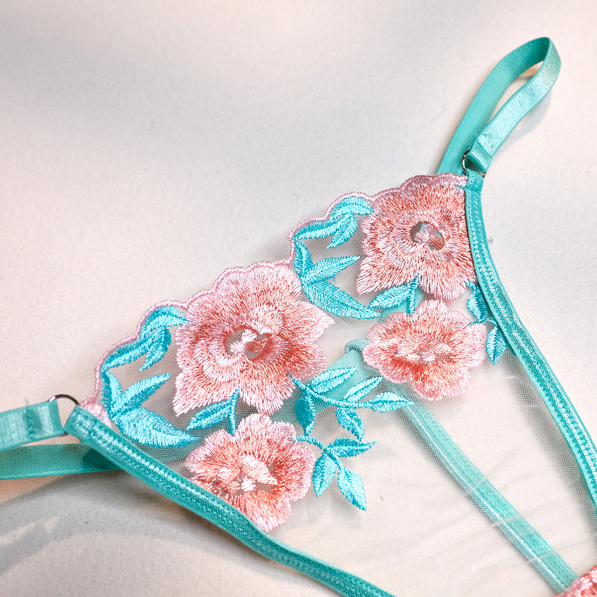 Embroidered Bra and Panty Set with Pink Mesh Skirt