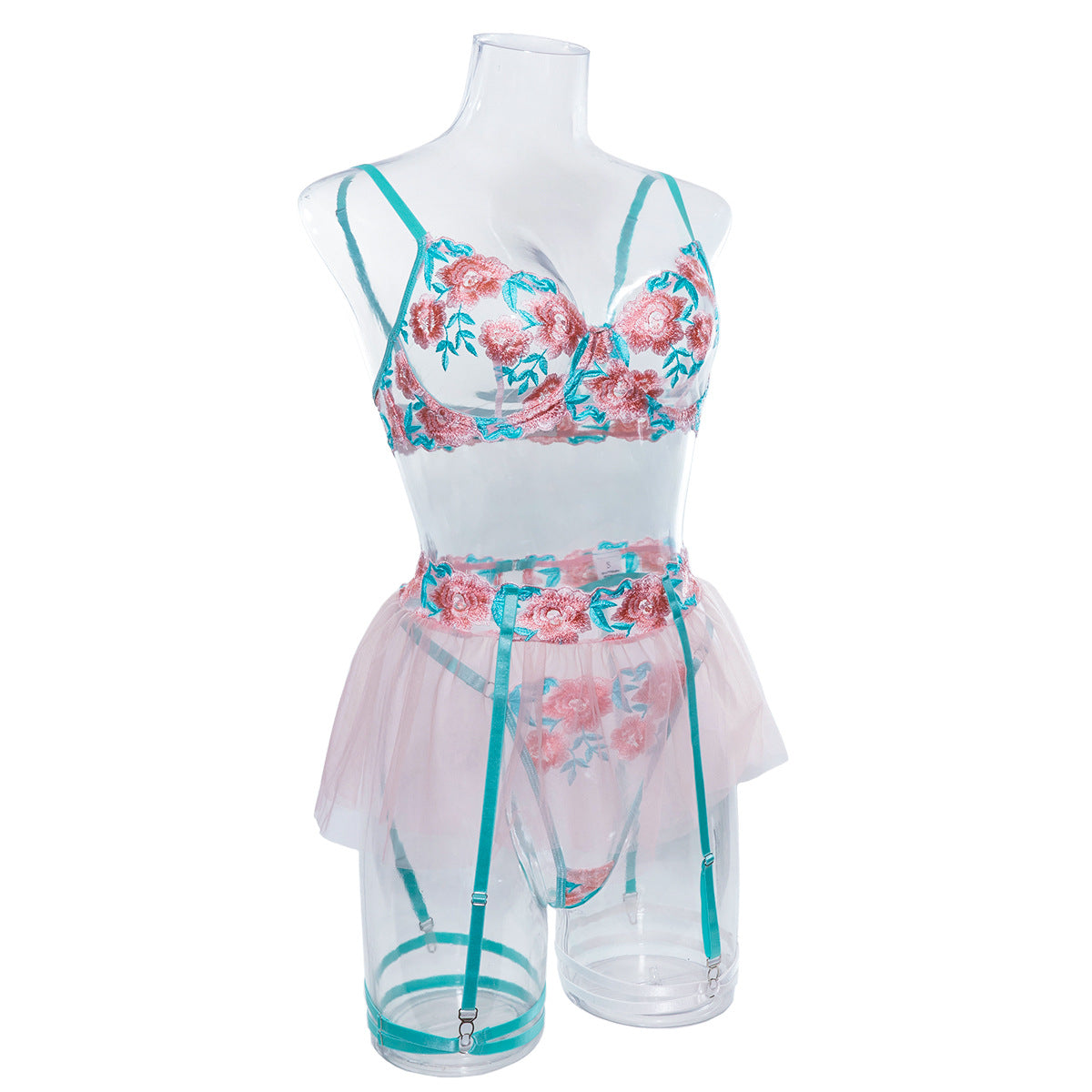 Embroidered Bra and Panty Set with Pink Mesh Skirt