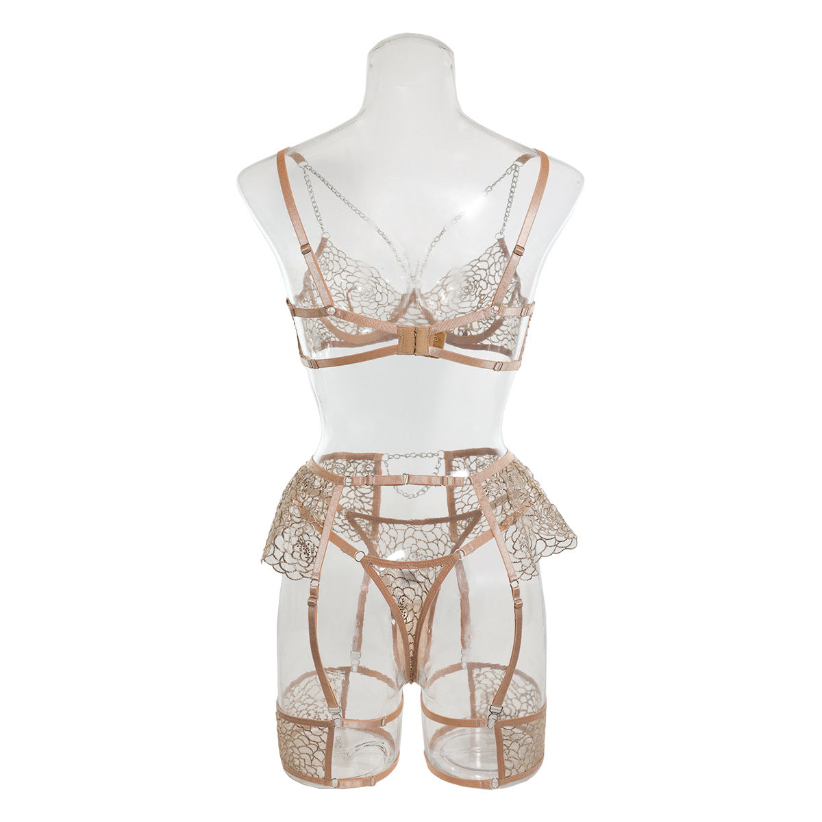 Fancy Bra Panty Set in Beige Mesh with Embroidery