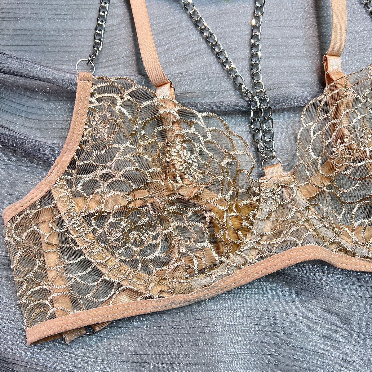 Fancy Bra Panty Set in Beige Mesh with Embroidery