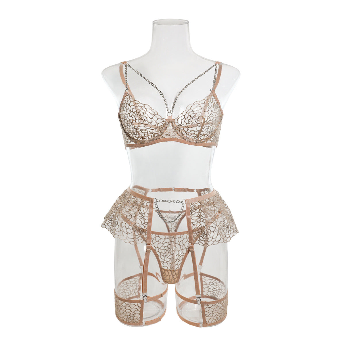 Fancy Bra Panty Set in Beige Mesh with Embroidery