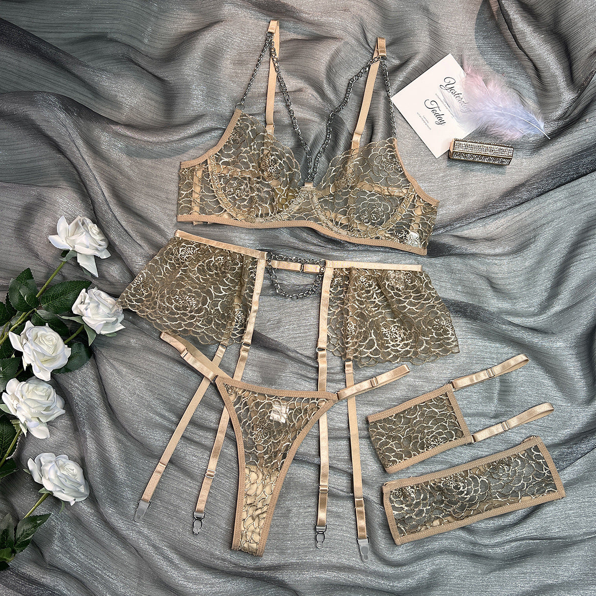 Fancy Bra Panty Set in Beige Mesh with Embroidery