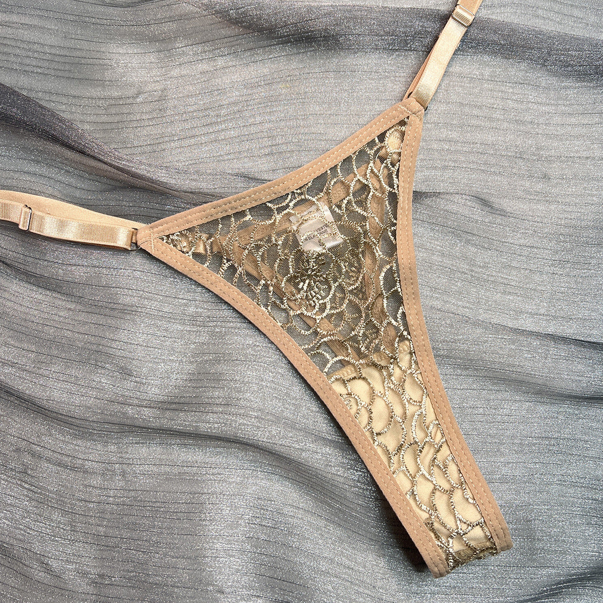 Fancy Bra Panty Set in Beige Mesh with Embroidery