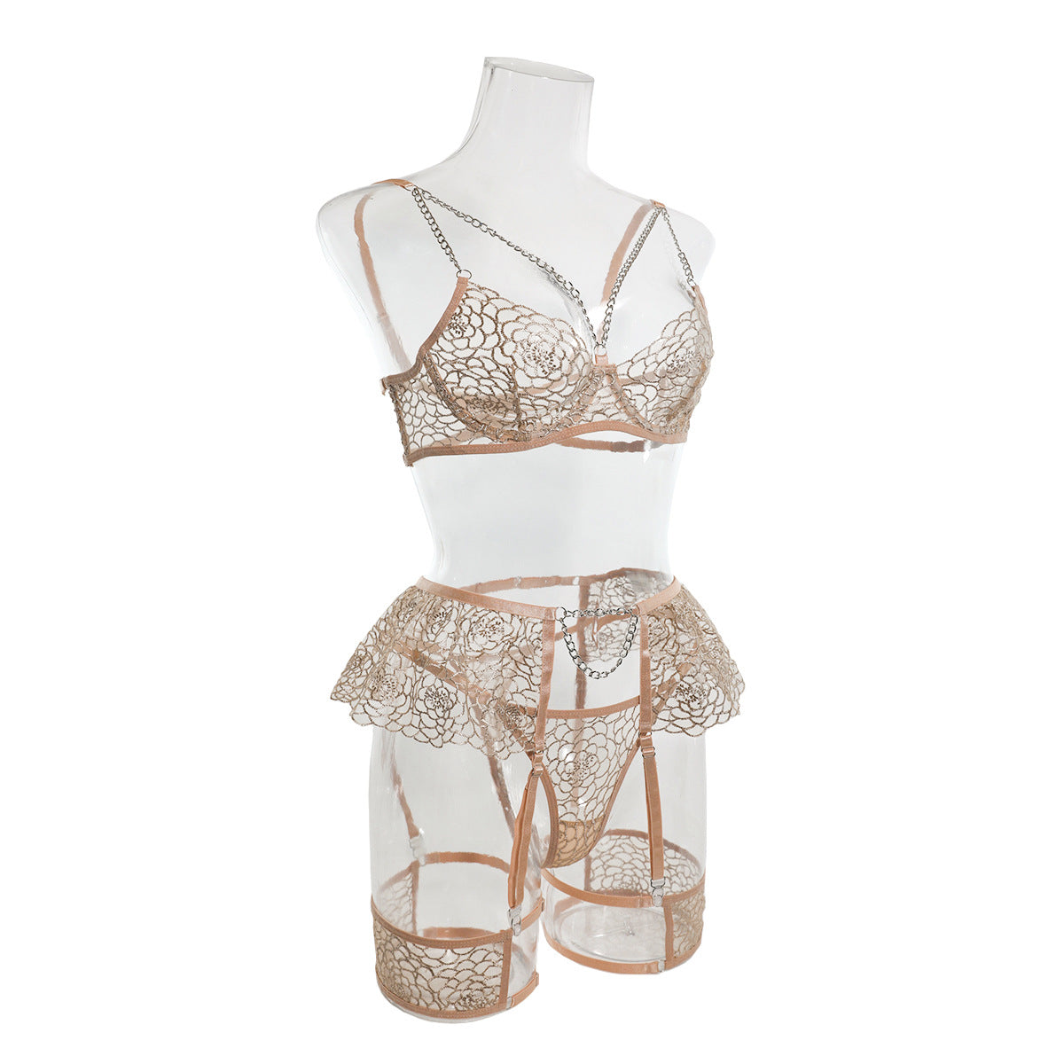 Fancy Bra Panty Set in Beige Mesh with Embroidery