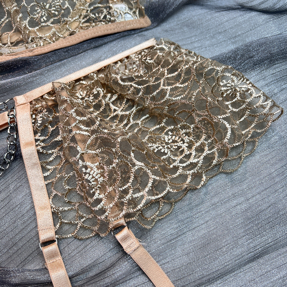 Fancy Bra Panty Set in Beige Mesh with Embroidery