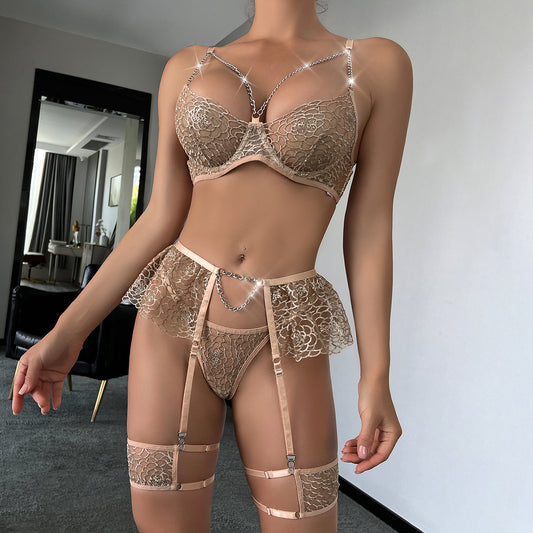 Fancy Bra Panty Set in Beige Mesh with Embroidery - Bras and Panties