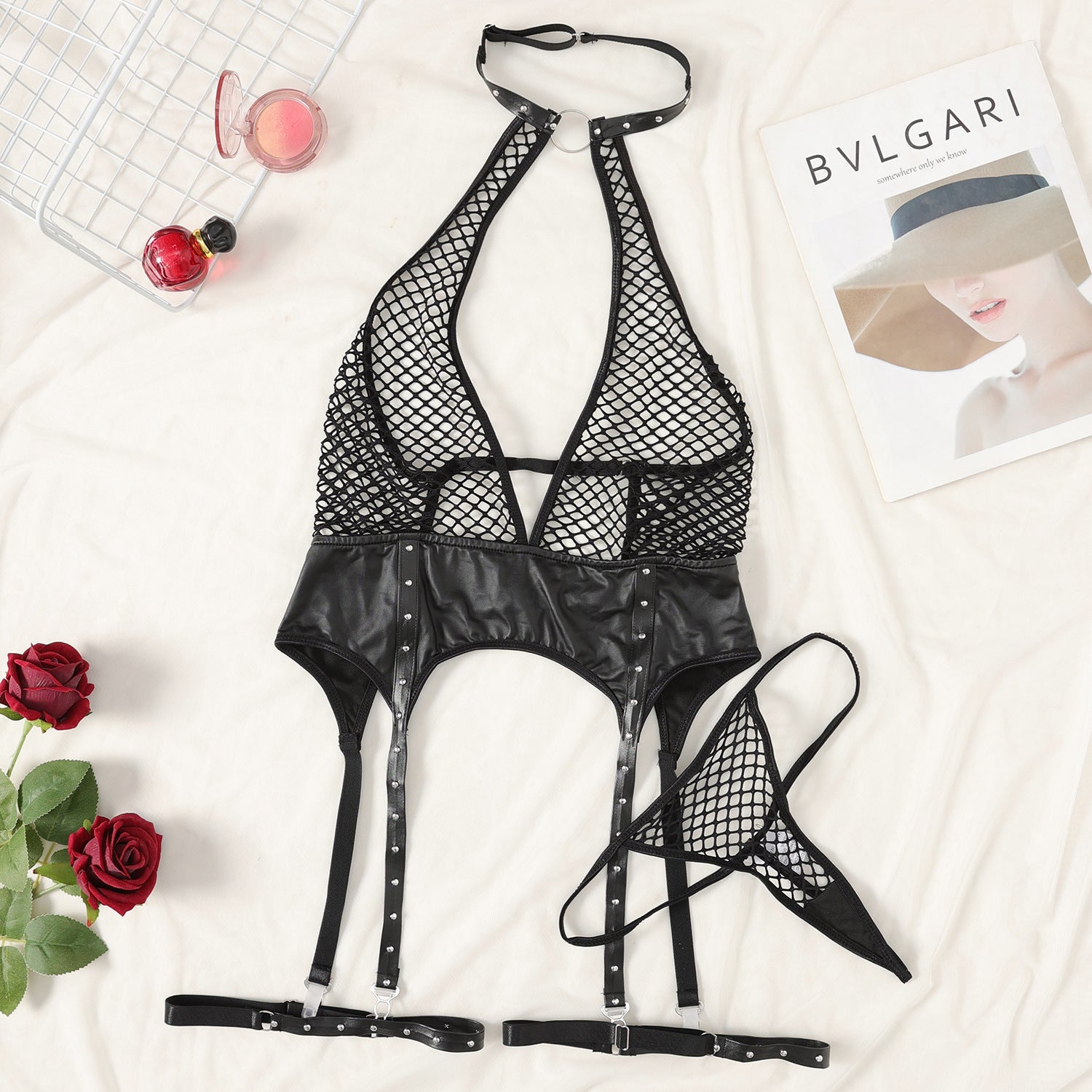 Garter Bustier with Halter Neck and Fishnet Design