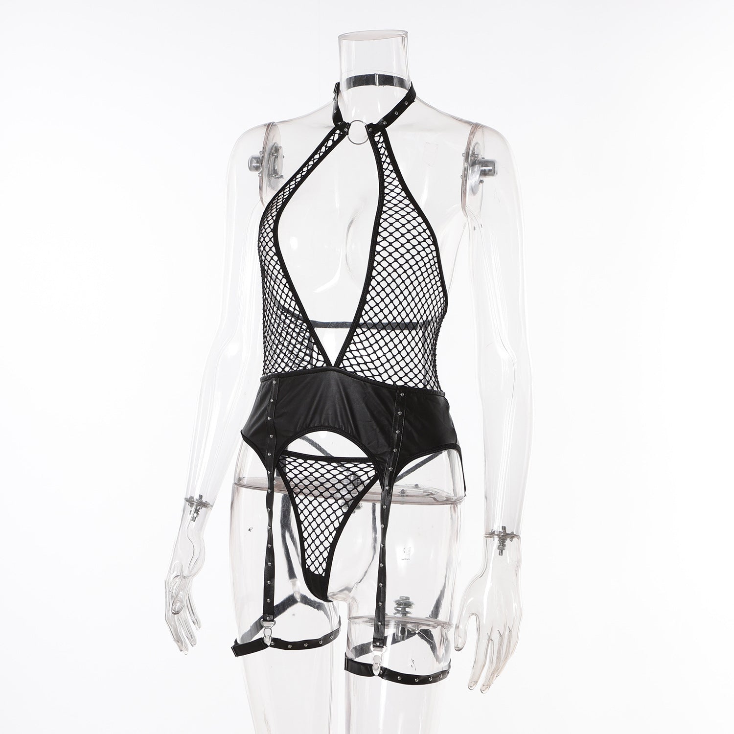 Garter Bustier with Halter Neck and Fishnet Design