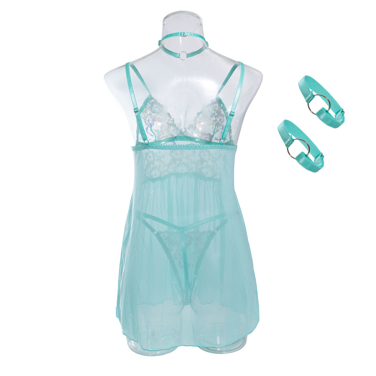 Green Babydoll Lingerie with Sheer Floral Top