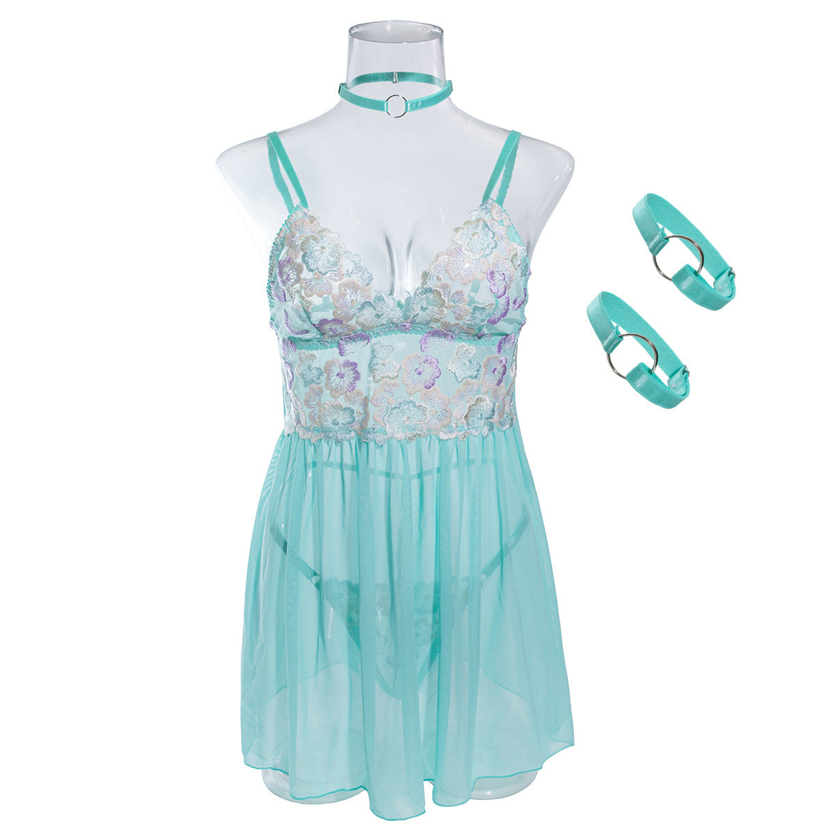Green Babydoll Lingerie with Sheer Floral Top