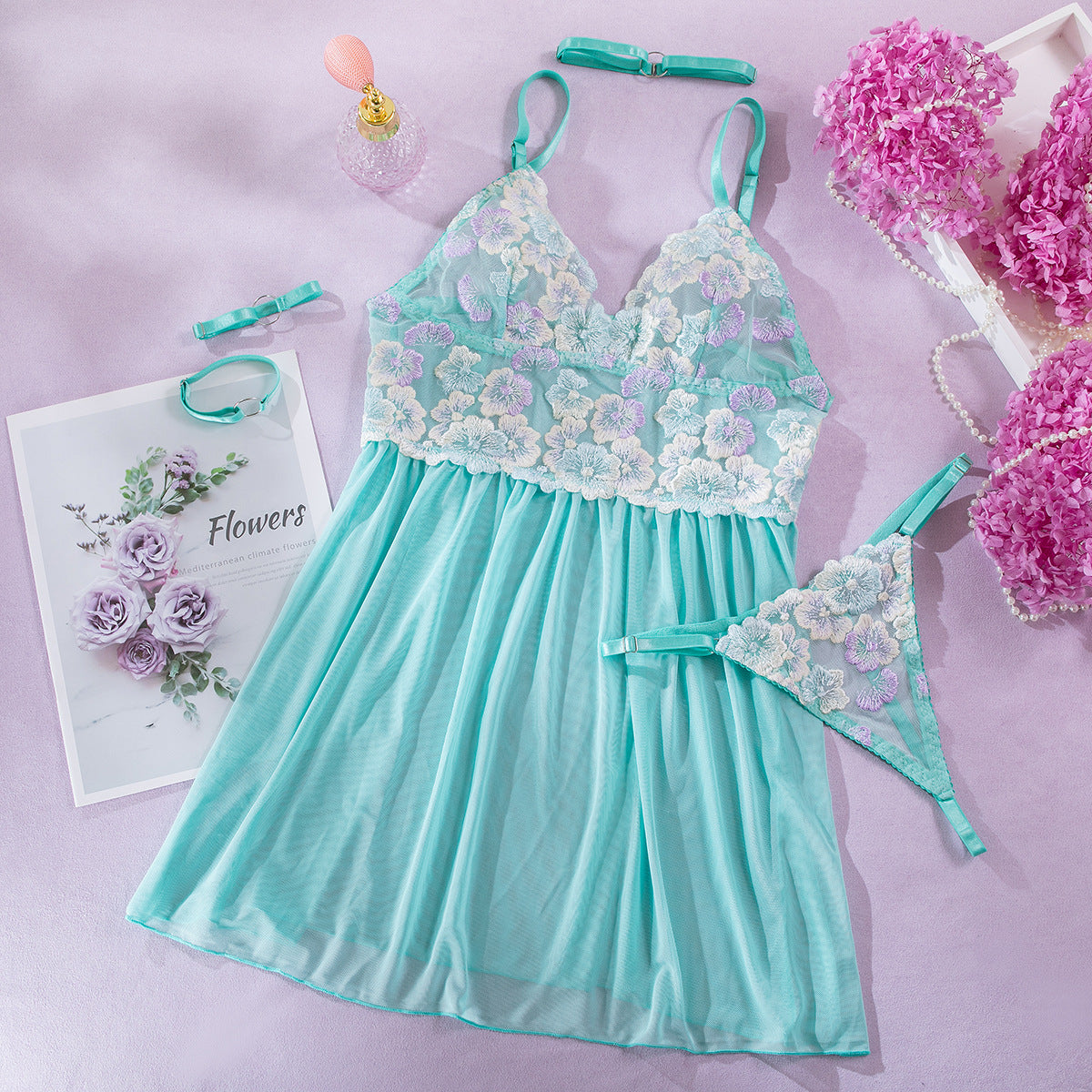 Green Babydoll Lingerie with Sheer Floral Top