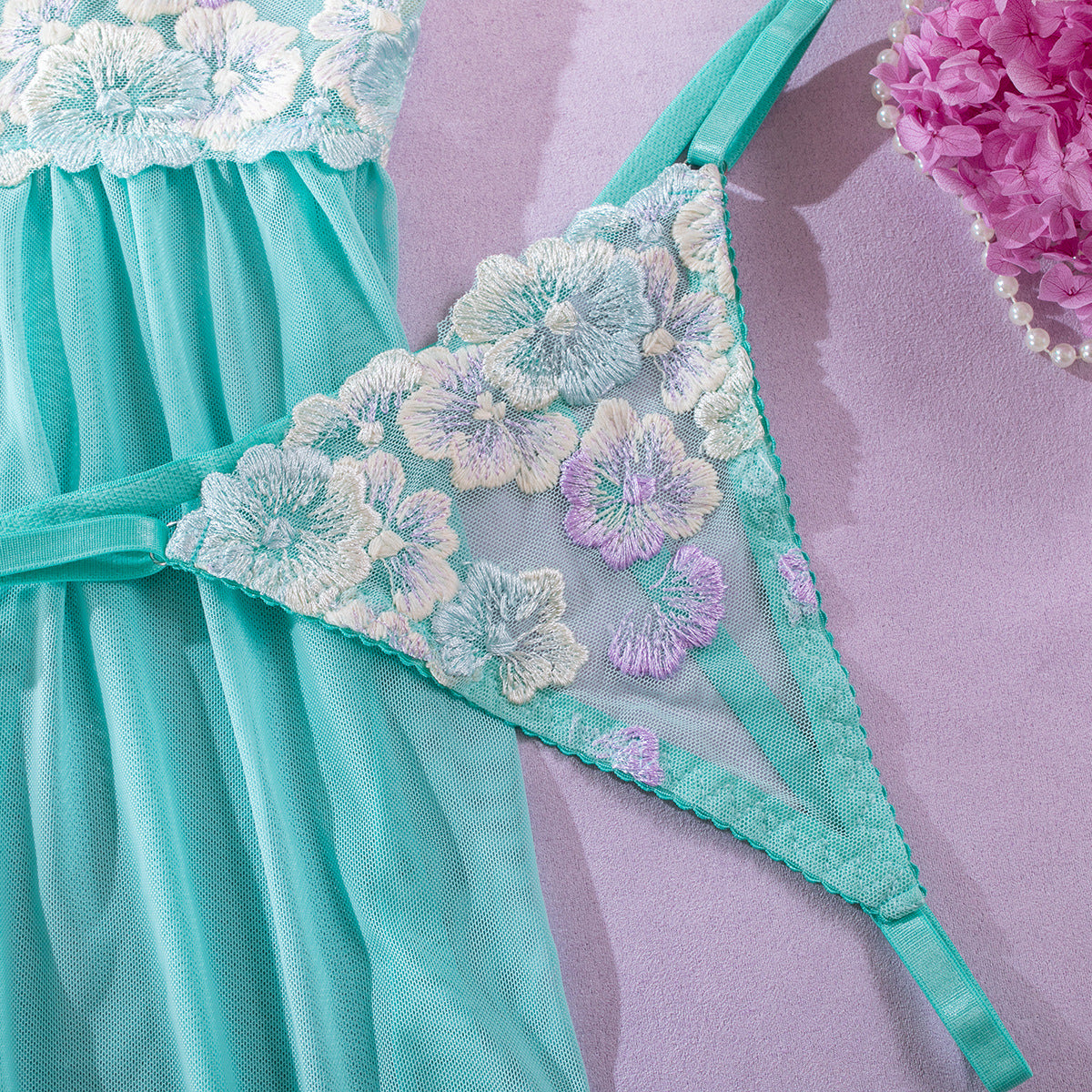 Green Babydoll Lingerie with Sheer Floral Top