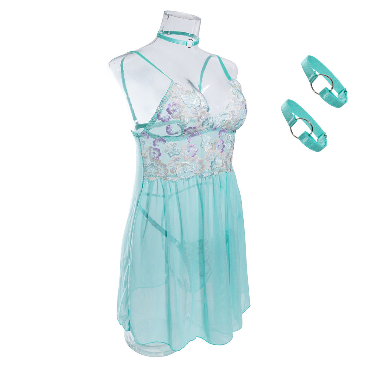 Green Babydoll Lingerie with Sheer Floral Top