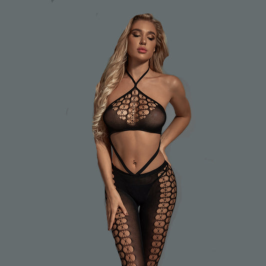Halter Bra Bodystocking Set with Hollow Design - Black / Free