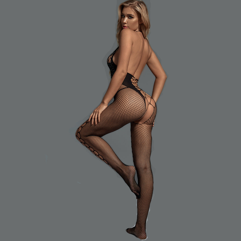 Halterneck Crotchless Fishnet Body with Diamonds
