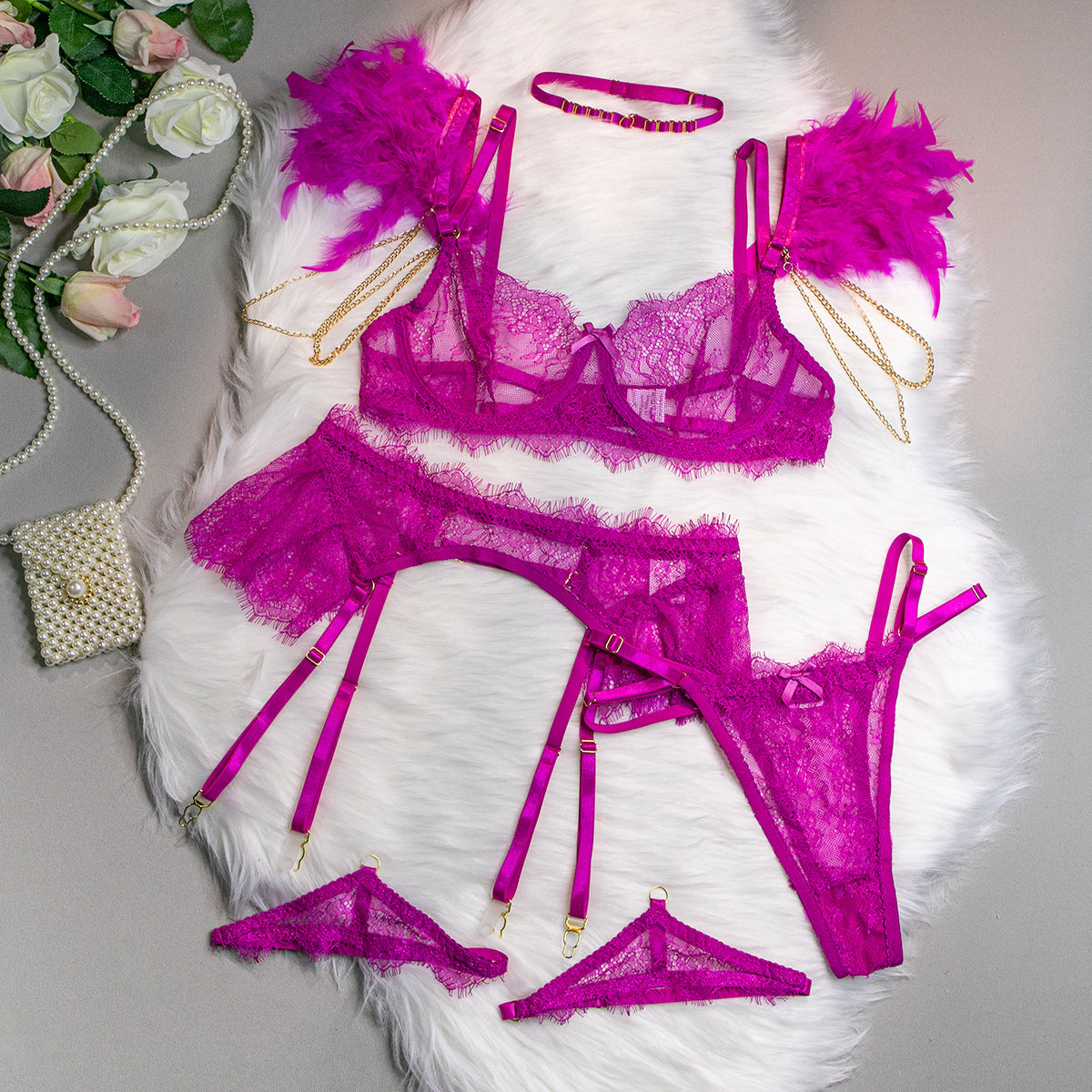 Sexy Lace Bra and Panties Set with Feather Details