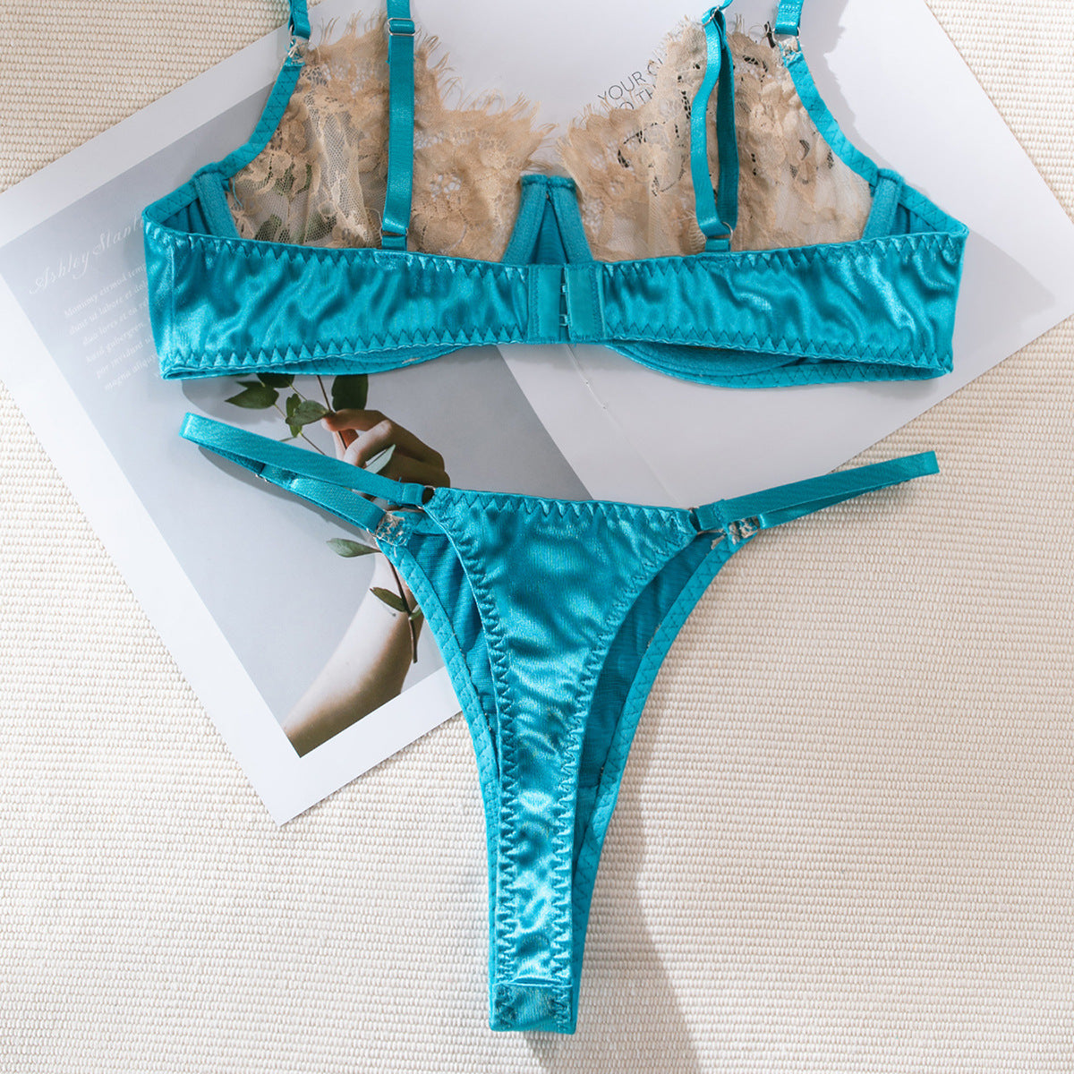 Lace Bra and Underwear Set in Skin-Color and Light Blue