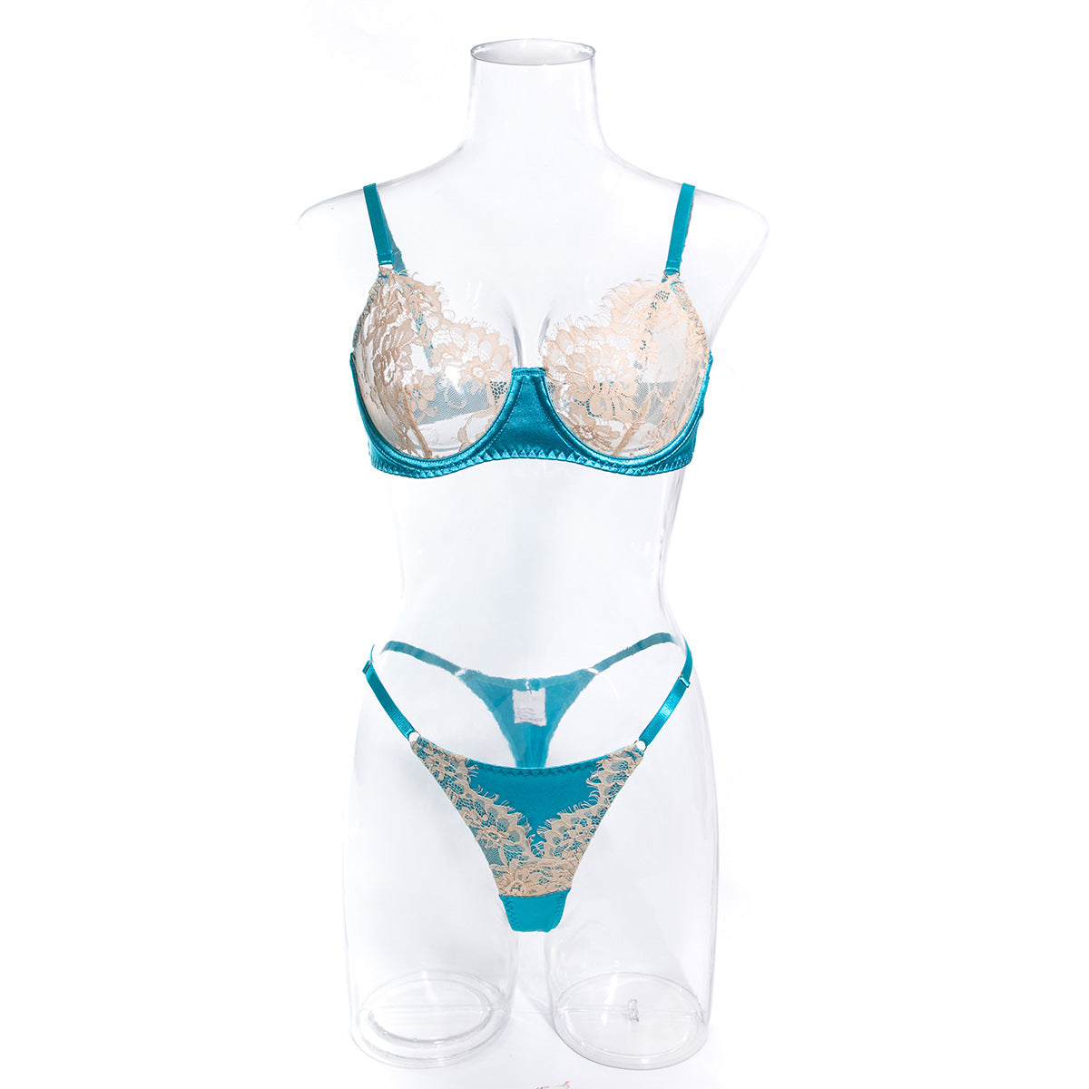Lace Bra and Underwear Set in Skin-Color and Light Blue