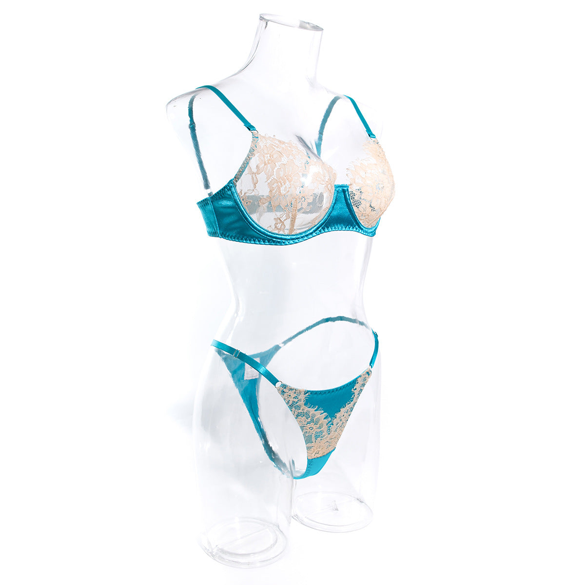 Lace Bra and Underwear Set in Skin-Color and Light Blue
