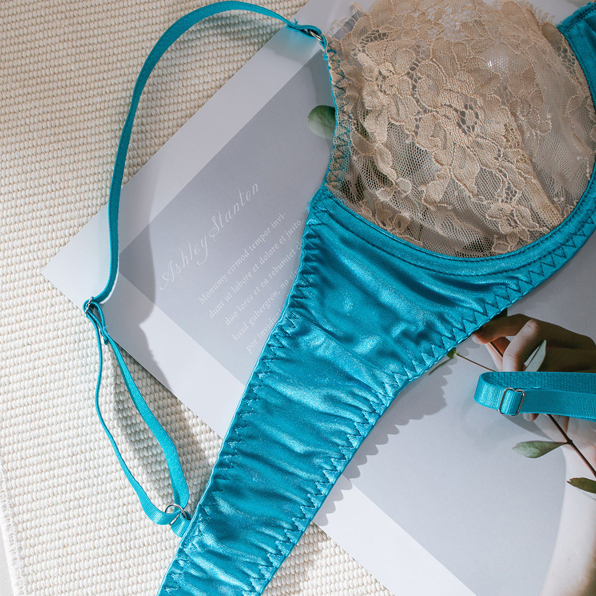Lace Bra and Underwear Set in Skin-Color and Light Blue